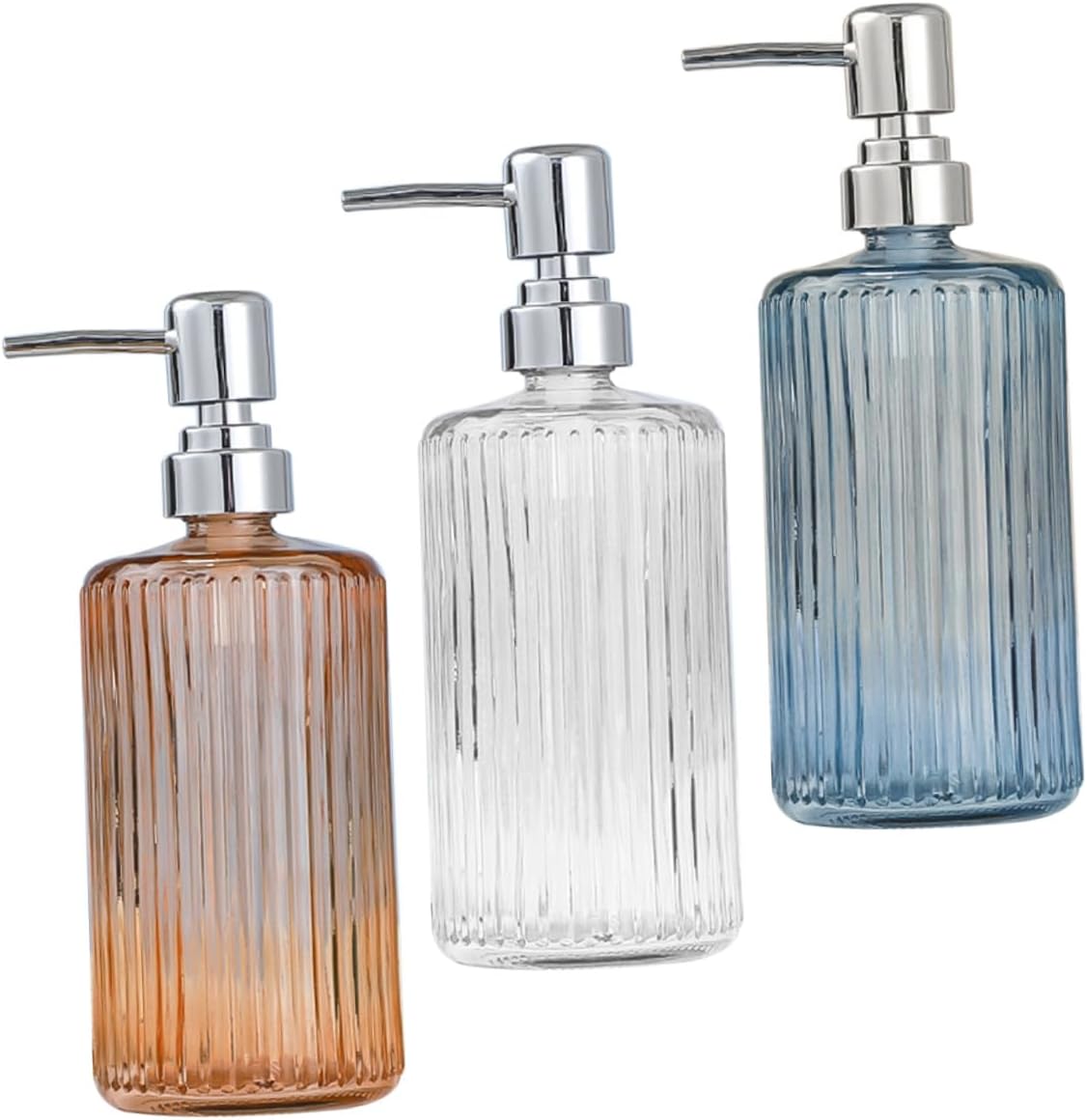 3pcs Glass Refillable Shampoo and Soap Dispenser Bottles with Press Pump for Bathroom Kitchen Transparent Orange and Gray Vertical Stripe Design Stylish and Portable Liquid Lotion