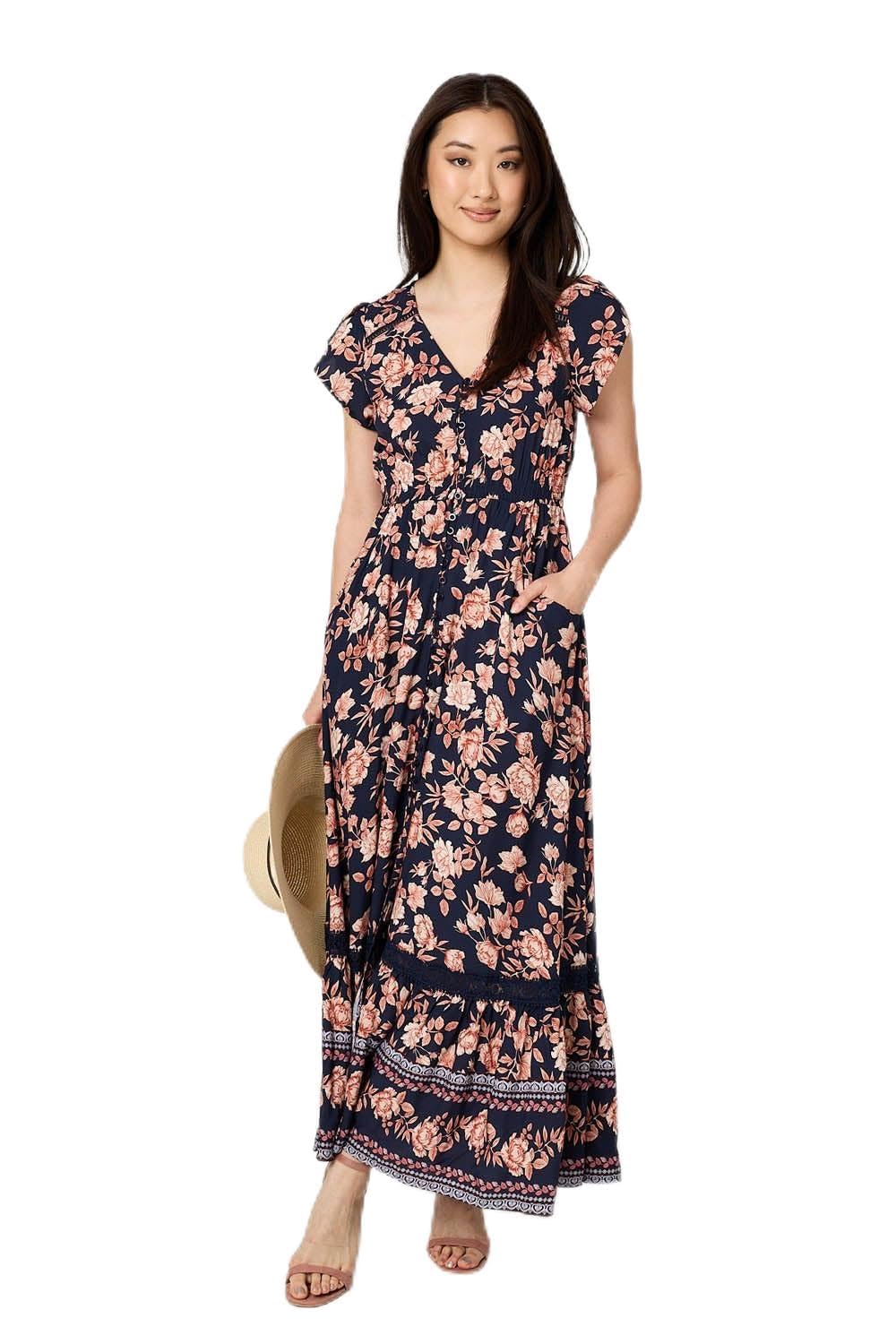 Izabel London Lace Trim Tiered Cap Sleeve Maxi Dress for Women UK with a v-Neck, lace Details and Buttons. Navy
