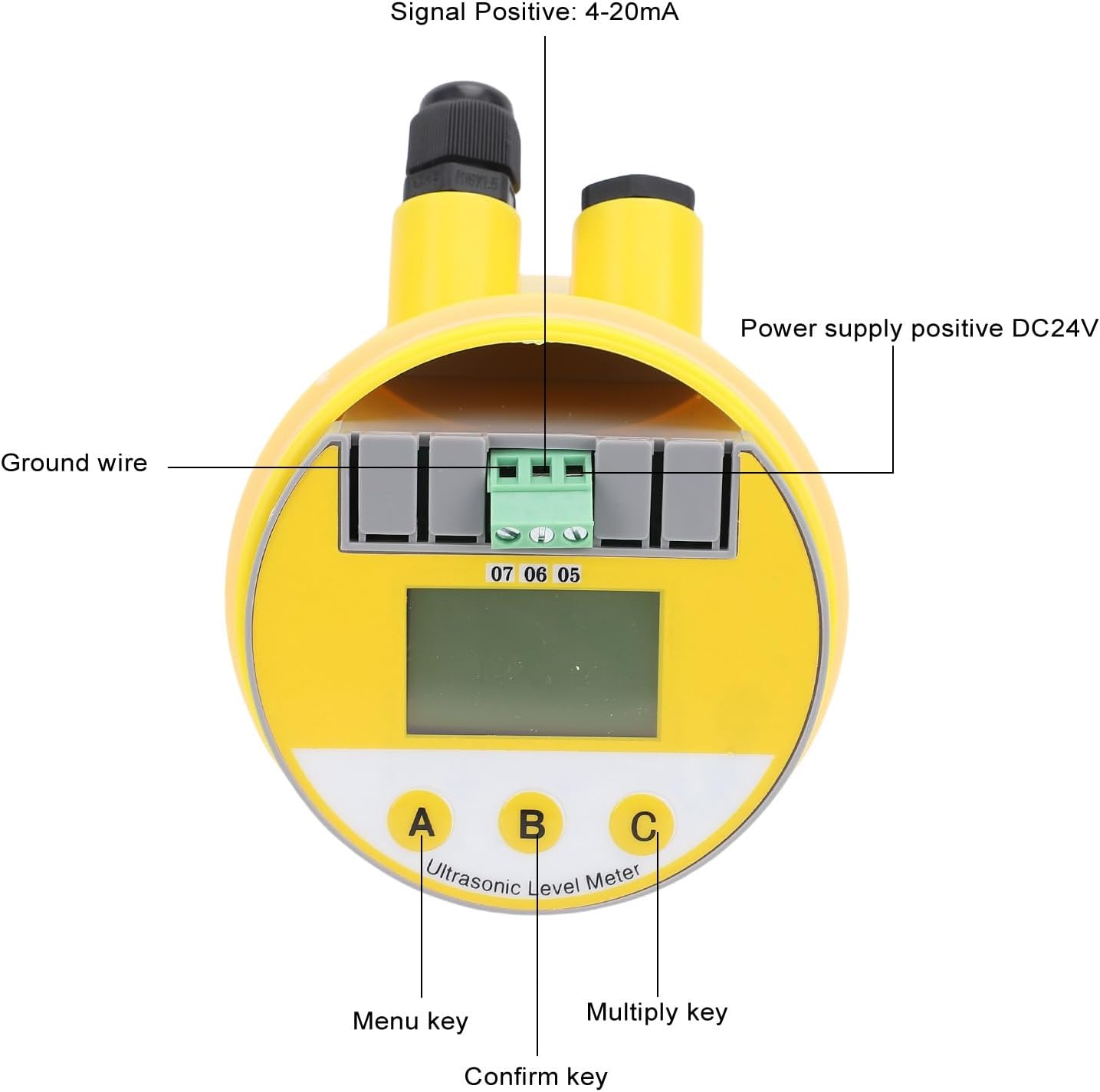 Wiring diagram and button layout for Walfront Ultrasonic Level Meter