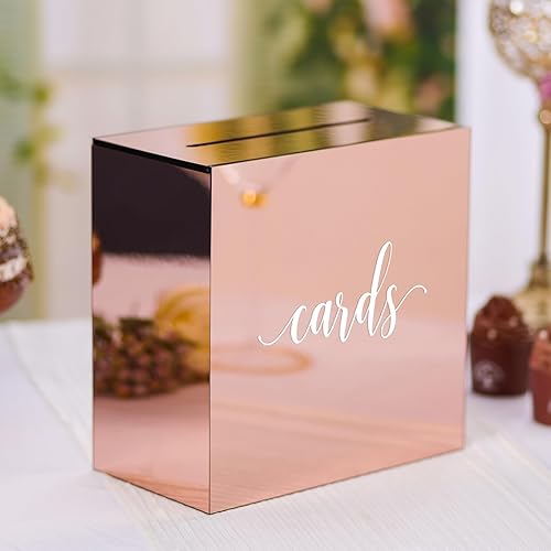 Miniatura 2 de UNIQOOO Caja de tarjetas de boda de acrílico con espejo de oro rosa metálico con ranura, grande de 10 x 10 x 5.5 pulgadas con impresión blanca