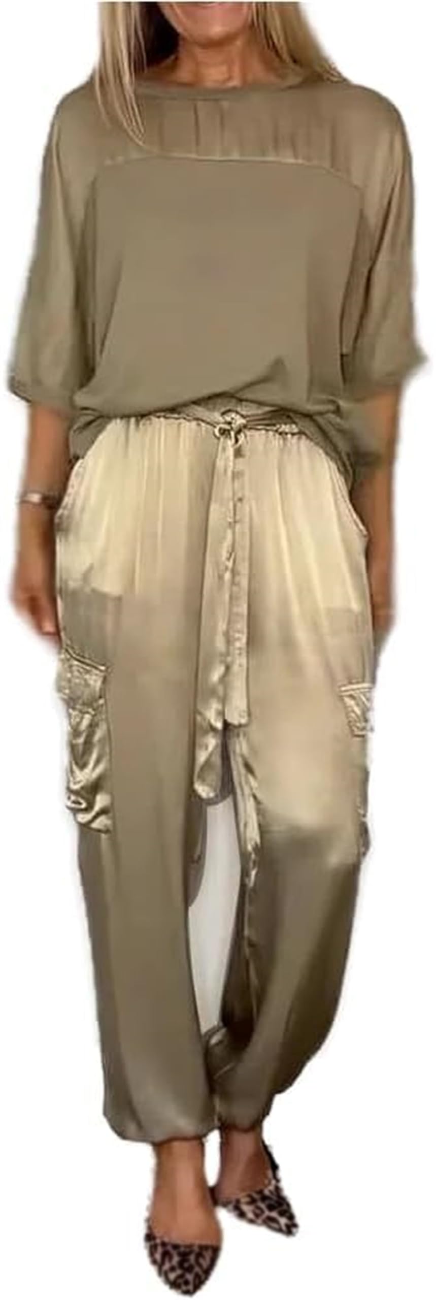 KUIPATE Conjunto de camiseta y pantalones de satén suave para mujer, traje casual de satén de dos piezas para correr