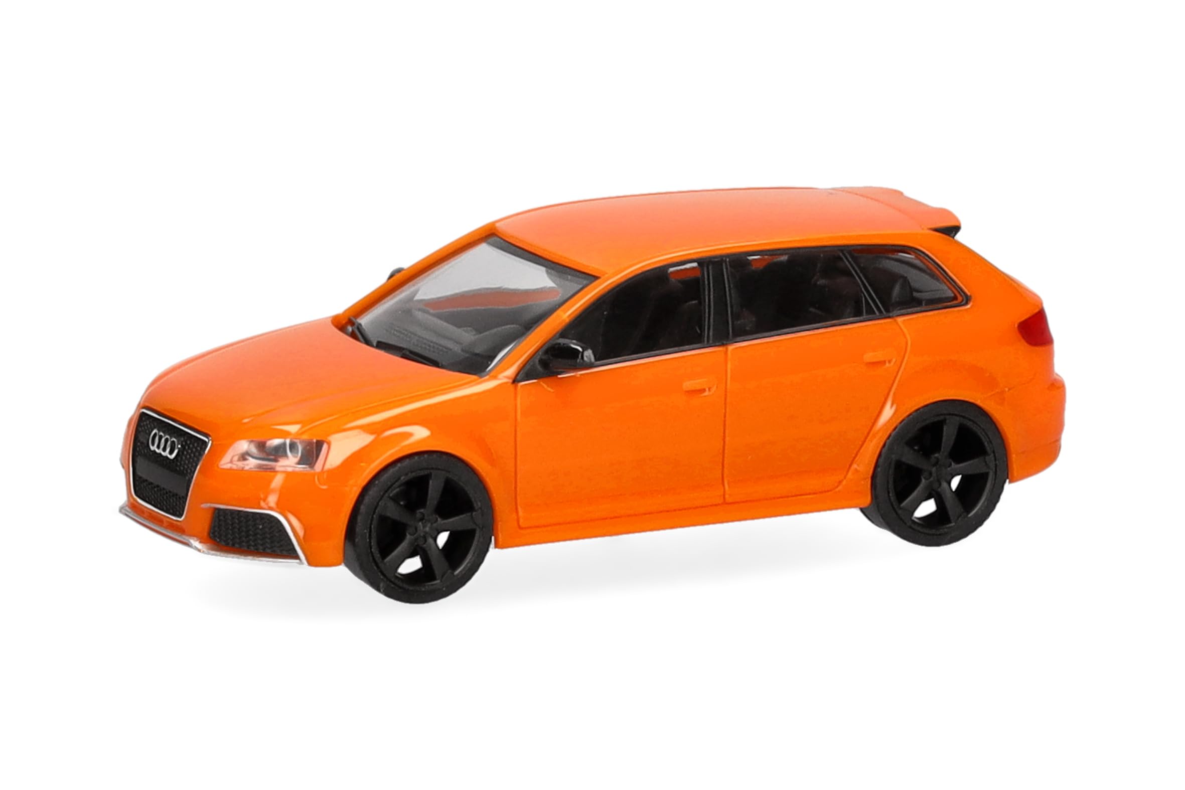 Herpa car model Audi RS3 Sportback, on a scale of 1:87, plastic miniature, made in Germany, model building, glow orange with black rims