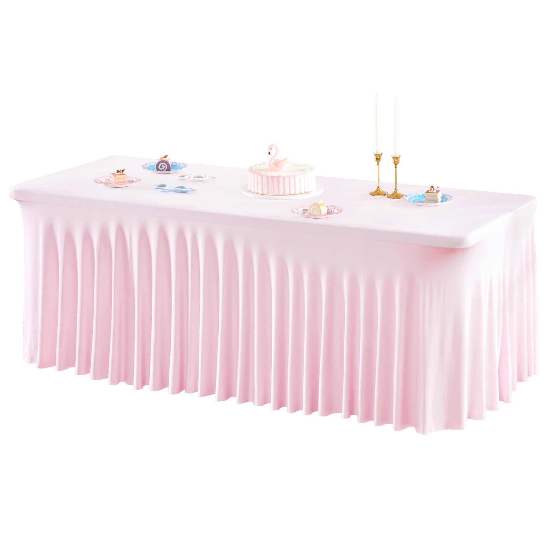 Photo 1 of 1 Pack Pink Table Clothes for 8 Foot Rectangle Tables, One-Piece Wrinkle Resistant Stretch Spandex Table Covers with Skirt for Event Banquet Wedding Birthday Party