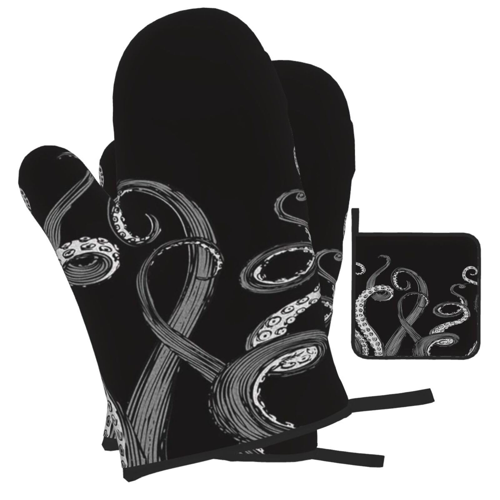 Octopus Tentacle Printed Oven Mitts and Pot Holders Heat Resistant Set of 3 Pcs, Modern Kitchen Gloves & Potholders for Cooking Baking Grilling