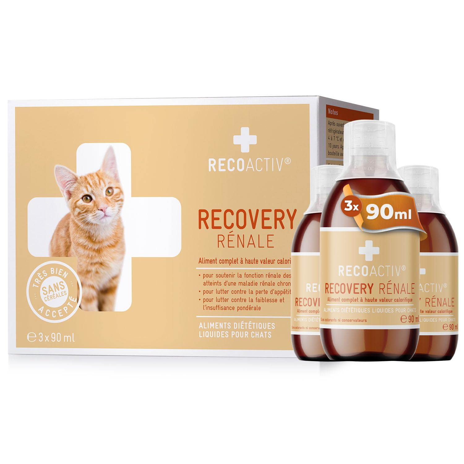 RECOACTIV Recovery Renal pour Chats, 3 x 90 ML, Aliment diététique Complet à Haute teneur en Calories pour Le Dysfonctionnement rénal et l'augmentation des Besoins énergétiques