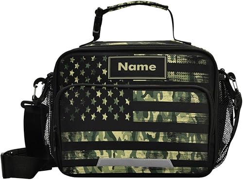 Lonchera con nombre personalizado, bolsa de almuerzo suave aislada con bandera estadounidense, contenedor de almuerzo de camuflaje para oficina,