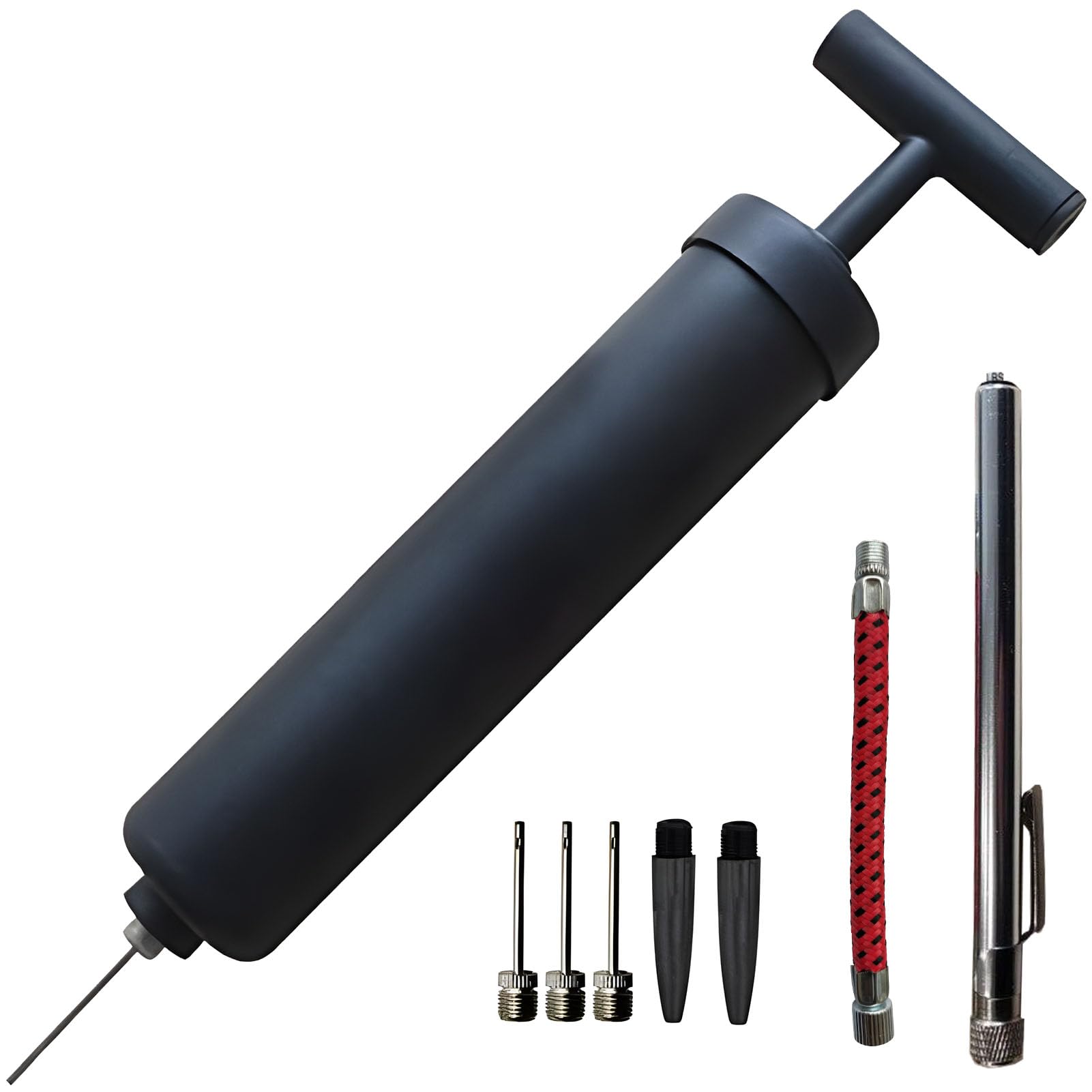 AppleRound Complete Hand Air Pump Kit - Includes Pump, Extension Hose, Pressure Gauge, Needle Nose & Tapered Nozzles - Ideal for Inflating Sports Balls, Cushions, Swim Floats and More