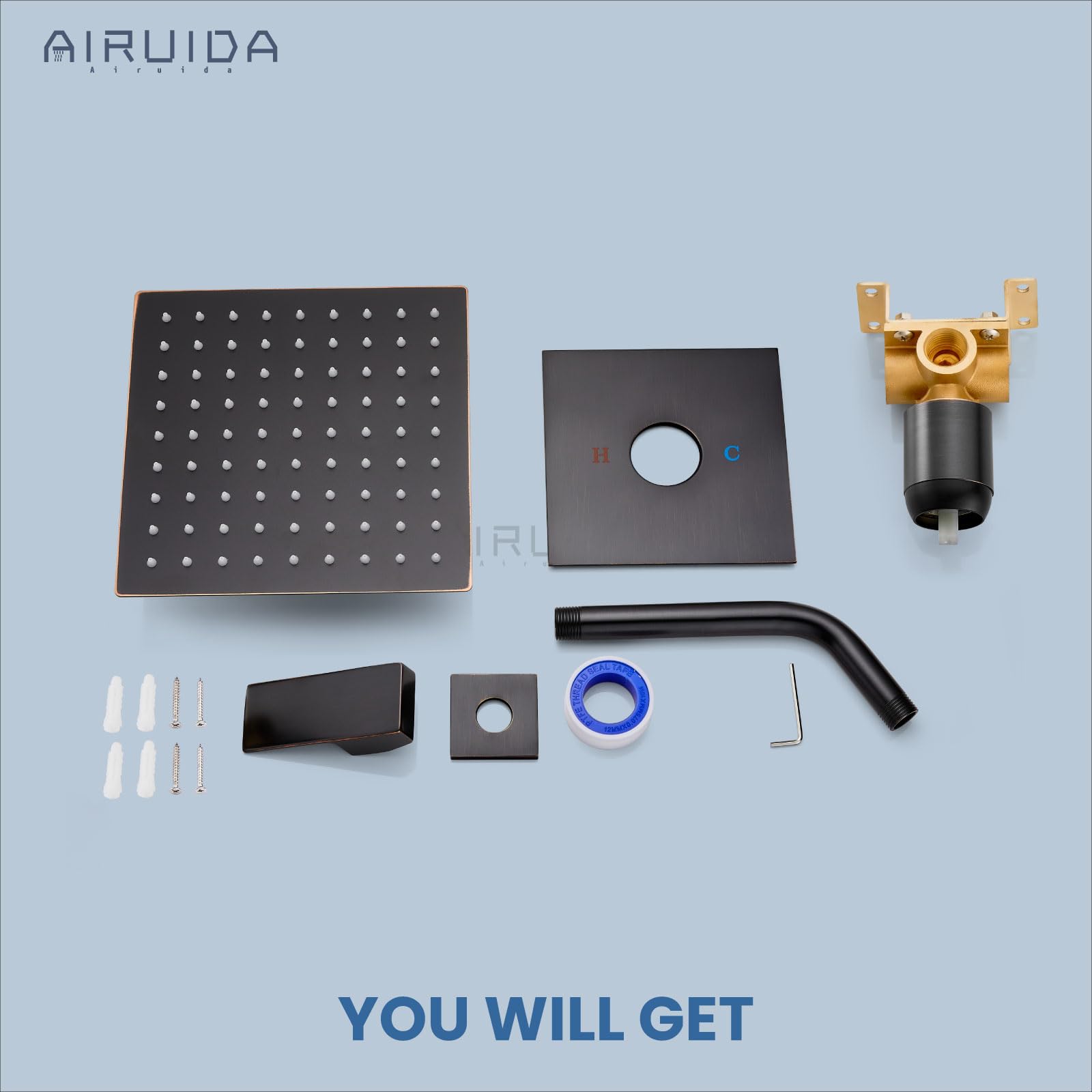 Airuida Set di rubinetto doccia doccia a pioggia per bagno, soffione quadrato da 20,3 cm, funzione unica, kit di assetto per maniglia con filettatura femmina, piastra di copertura