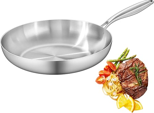 Sartén de acero inoxidable de tres capas de 12 pulgadas, sartén, sartén, sartén de inducción, apta para lavavajillas y horno, calor rápido y