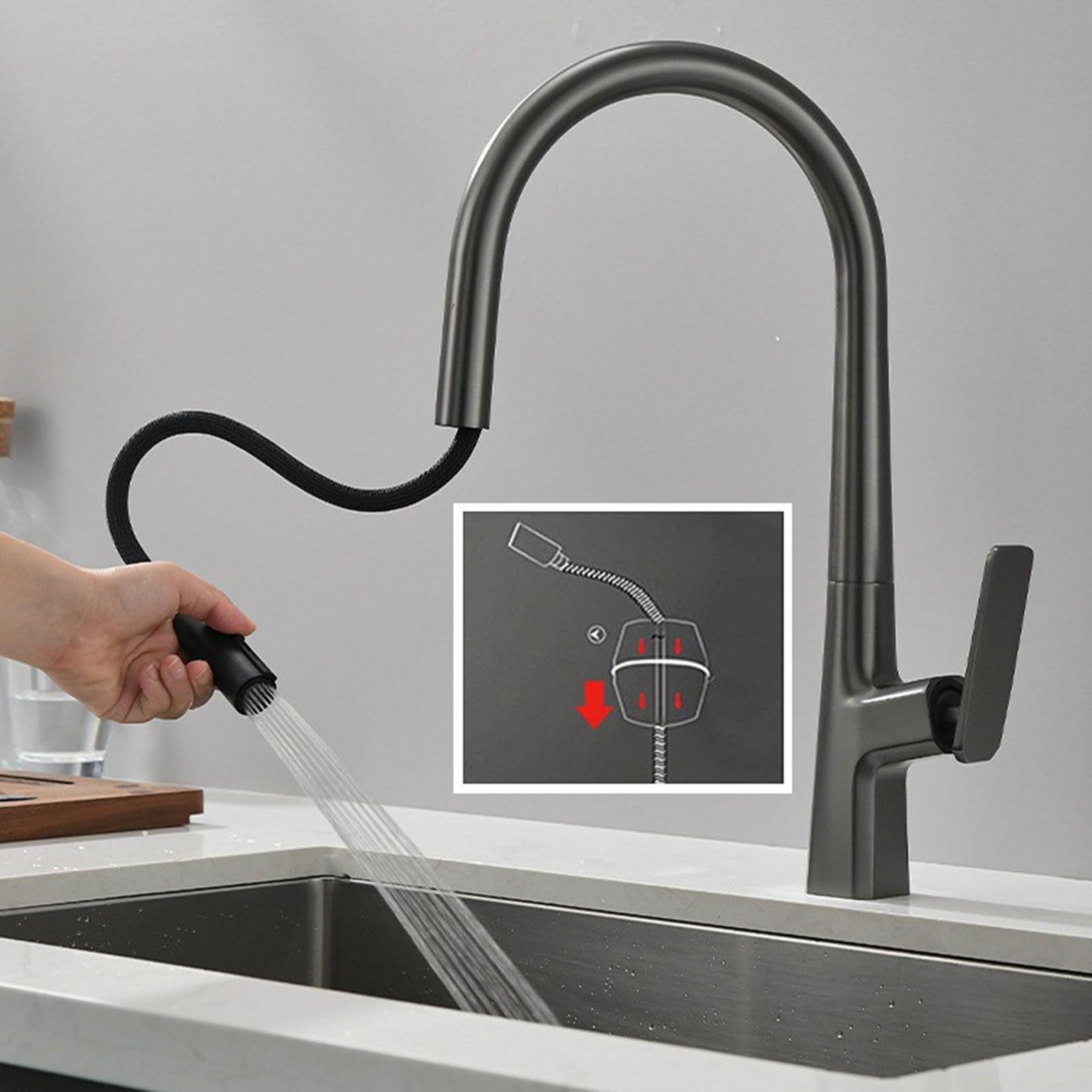 BiaoTeng Grifo Cocina para Fregadero 2 Salidas con Ducha Extraible Giratorio 360 Grados agua Fría y Caliente Grifo de Cocina Fregadero Extraible Laton Gris