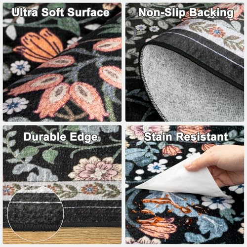 Area Rugs 9x12 Living Room: Floral Washable Rug Vintage Large Soft Boho Non-Slip Carpet Indoor Stain Resistant Low Pile Carpets for Bedroom Dining Room Farmhouse Nursery Hallway Home Office Dark Black