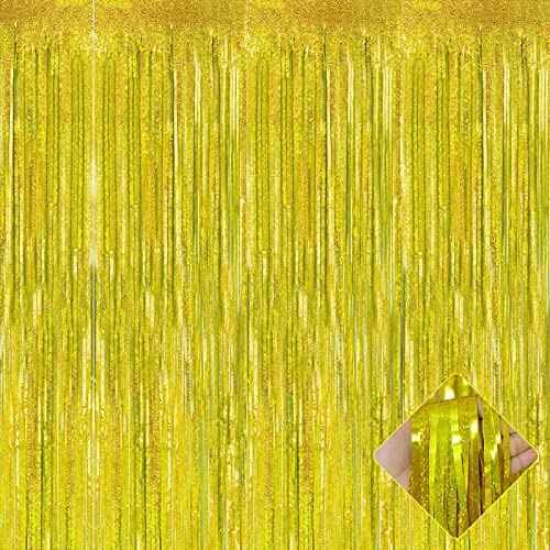 Image of 4 Pack 3.2Ft x 8.2Ft Gold Foil Fringe Curtain Backdrop, Metallic Tinsel Foil Fringe Streamers Curtains Background for Photo Booth, Birthday, Wedding, Disco, Bachelorette, Christmas Party Decoration