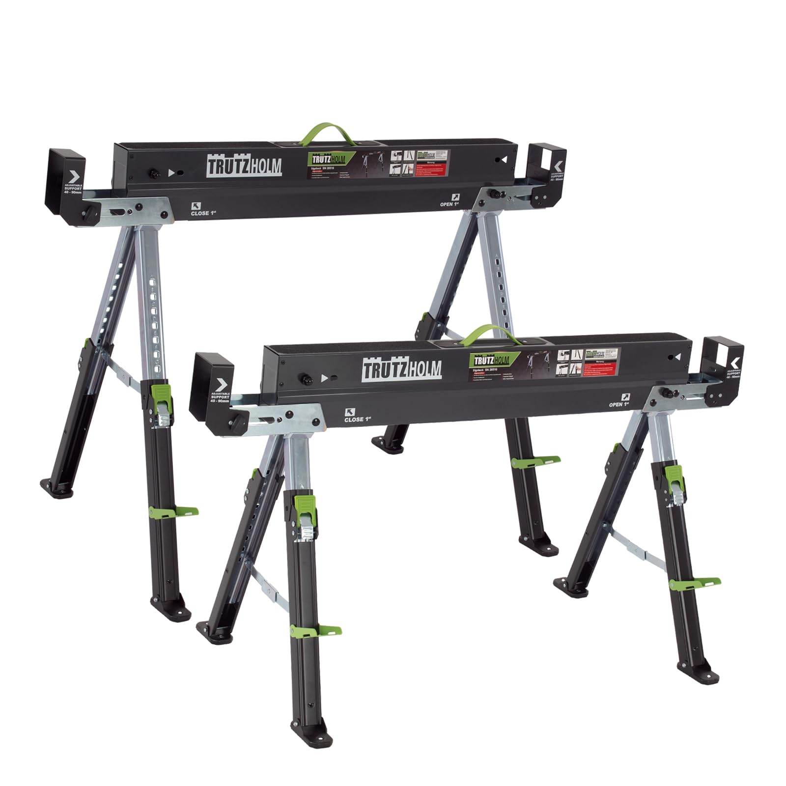 TRUTZHOLM 2x Sägebock 2.0 DELUXE 9-fach höhenverstellbar Stahl bis 1300 kg Klappbock Arbeitsbock Werkbock verstellbare Klemmen für Kanthölzer integrierter Tragegriff Unterstellbock Werkbank