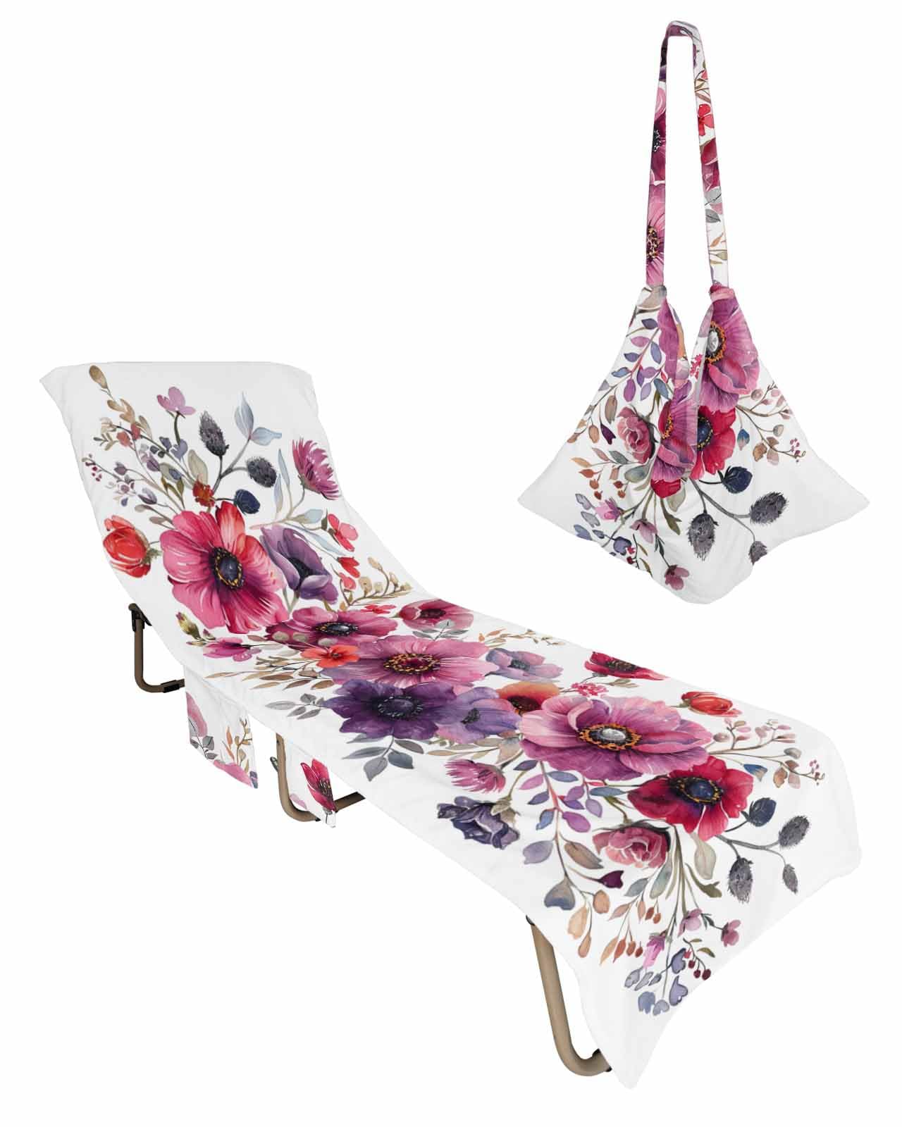 Purple Floral Beach Lounge Chair Towel Cover, Soft Chaise Lounge Towel with Side Pockets Patio Pool Chairs Cover for Beach/Pool Sunbathing 29x85 Eucalyptus Aesthetic Leaves Botanical White