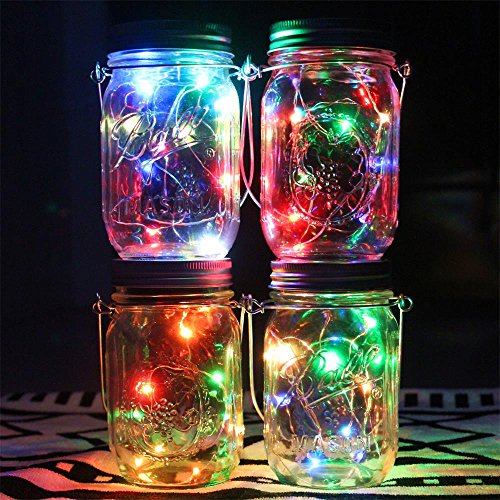 4-Pack Solar Powered Mason Jar Lights (Mason Jar & Handle Included),5 Colors 20 Bulbs Jar Hanging Light,Garden Outdoor Solar Lanterns,Hanging Lantern,Mason Jar Decor Solar Light,Table Light,Patio Path