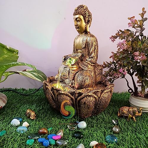 Image of Decorative Table Top Water Fountain for Home Decor /Office /Indoor & Outdoor /Garden /Puja Room /Vaastu with Multicolor LED Light and Adjustable Water Pump (Gold-D-034)