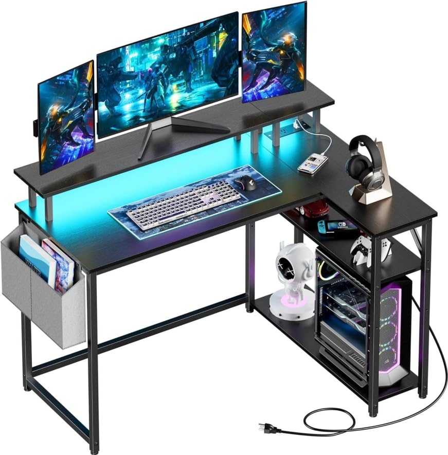 Yornoli L Shaped Desk with Led Lights＆Power Outlet 118CM Corner Gaming Desk for Small Spaces with...