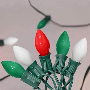 SUNSGNE C7 Christmas String Lights 25 Feet Outdoor String Lights with 27 5W Red Green White Glass Light Bulbs2 Spare for Backyard Patio Garden Xmas Decor, Green Wire