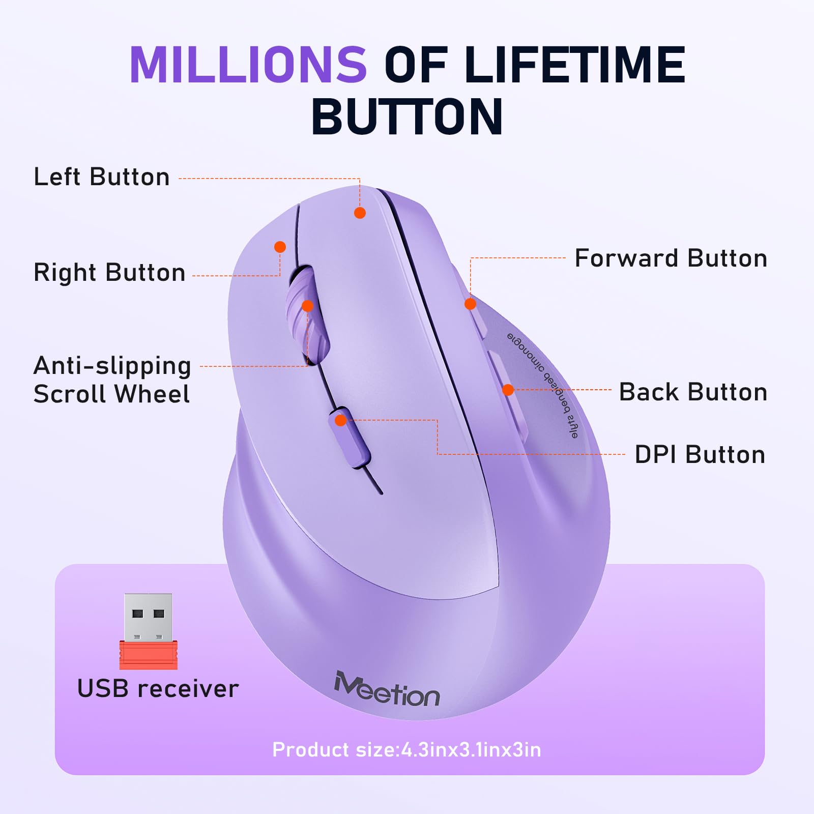 MEETION mouse vertical ergonómico inalámbrico para zurdos, recargable, morado | Dual Bluetooth 5.2/3.0 + USB, iluminación RGB, 4 DPI ajustables, compatible con Windows, Mac, PC, iPad y tabletas