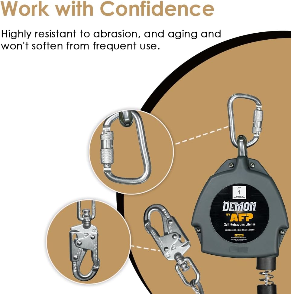 AFP Demon 30 FT Single Leg Self-Retracting Lifeline Cable Retractable | Steel Locking Snap Hook | Safety Yoyo | Fall Protection Arrest Limiter | Construction Industrial | OSHA & ANSI Rated SRL