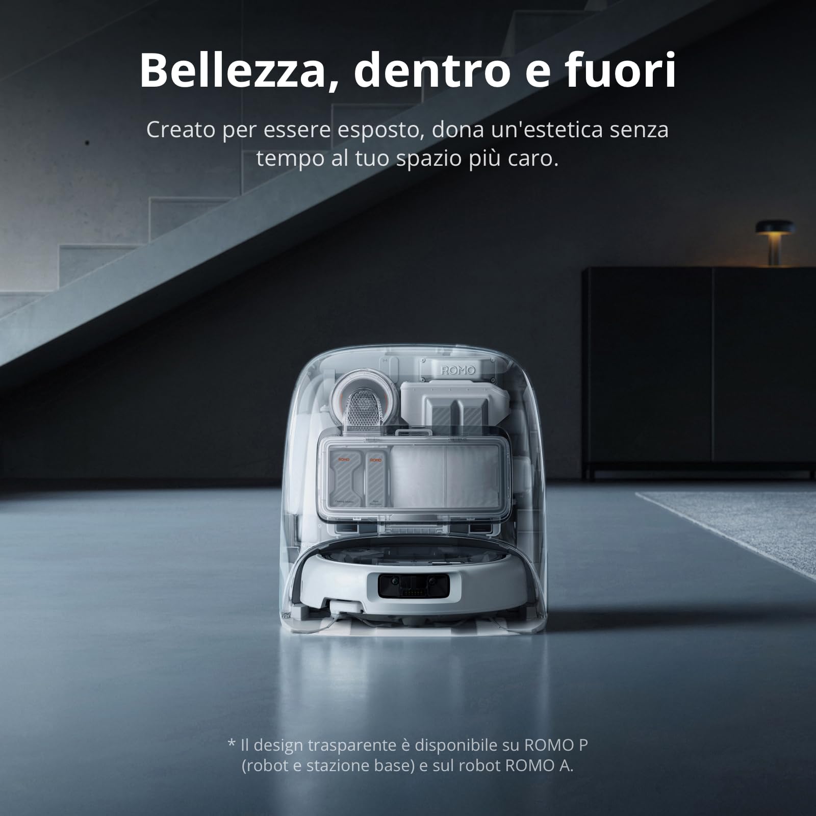 DJI ROMO P robot aspirapolvere e lavapavimenti con design trasparente, aspirazione da 25.000 Pa, rilevamento a livello di drone, senza manutenzione per 200 giorni, lavaggio personalizzabile