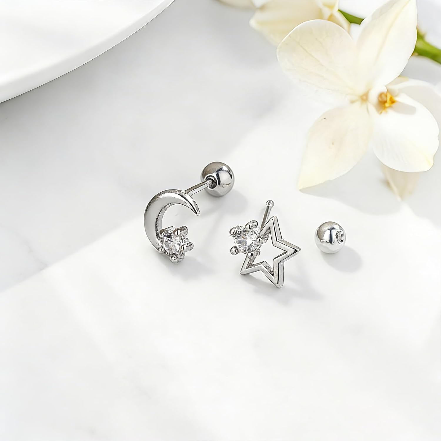 20G Moon and Star Stud Earrings for Women Silver Plated Cubic Zirconia Hypoallergenic Cute Small Ball Screw Back Studs Cartilage Tragus Earring Post Dainty Birthday Holiday Jewelry Gifts - Image 2