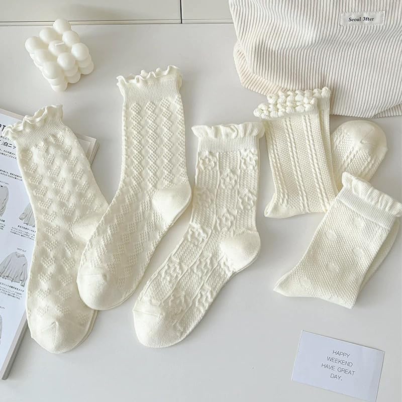 Tooe 5 Pairs Cute Lace Mesh Ruffle Frilly Socks Aesthetic Crew Socks Cottagecore Fall Socks Lolita Clothes Fairycore Stuffs2