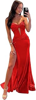 Strapless Satin Prom Dresses for Women Long Cutout Mermaid Formal Evening Gown with Slit - Buy now