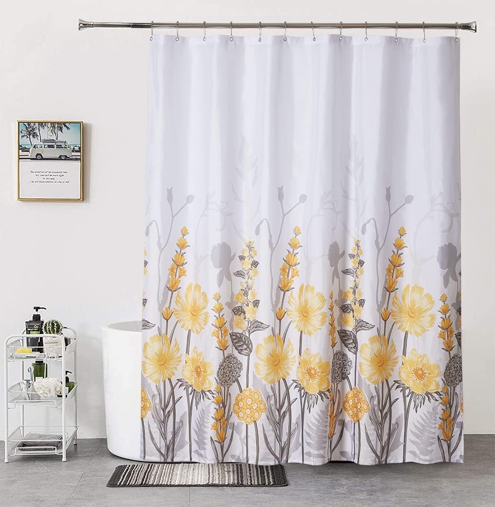 Artisyne Yellow Floral Watercolor Shower Curtain,Flower White Shower Curtains for Bathroom Dcor,Reinforced Metal Grommets,Easy Care with 12 Hooks,(36" Wx72 H)