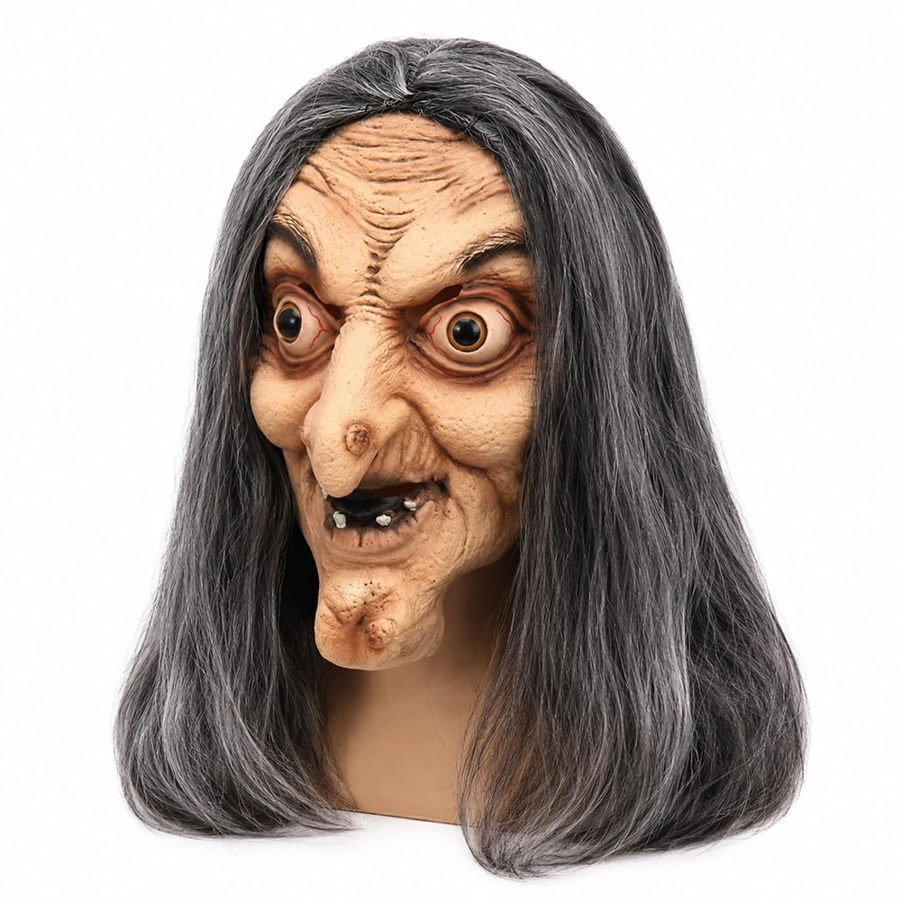 SGZIOO Halloween Mask Witch Mask, Old Women Scary Mask with Long Hair for Adults Realistic Full Head Latex Masks Witch Face Masks Halloween Witch Head Cover for Carnival Party Cosplay Costume (Witch)