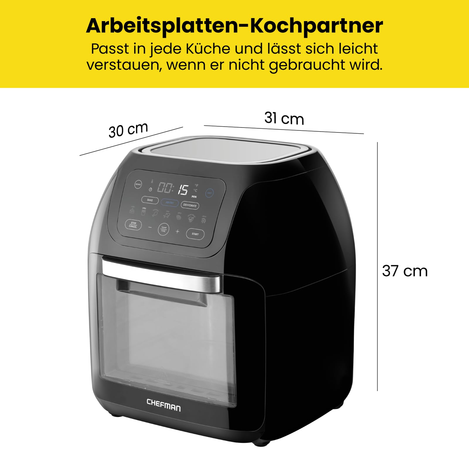 Chefman Multifunktionale Heißluftfritteuse 10L Digital Touchscreen Konvektion Dörrautomat Rotisserie Schwarz