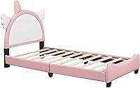 Vista 6 de Brabrety Bonita cama tapizada con cabecera en forma de unicornio, cama de plataforma de cuero con cabecero y estribo. Una cama amada por los niños