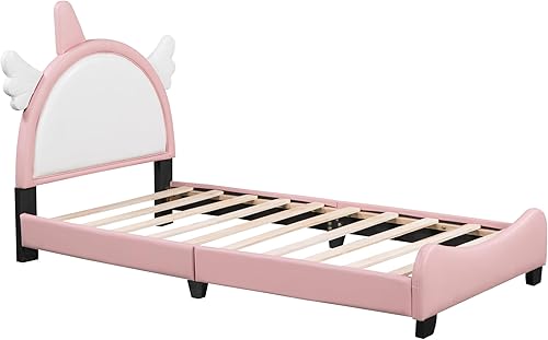 Miniatura 5 de Cama de princesa tamaño individual con cabecera en forma de unicornio, base de cama para niños, cama individual tapizada con listones de madera