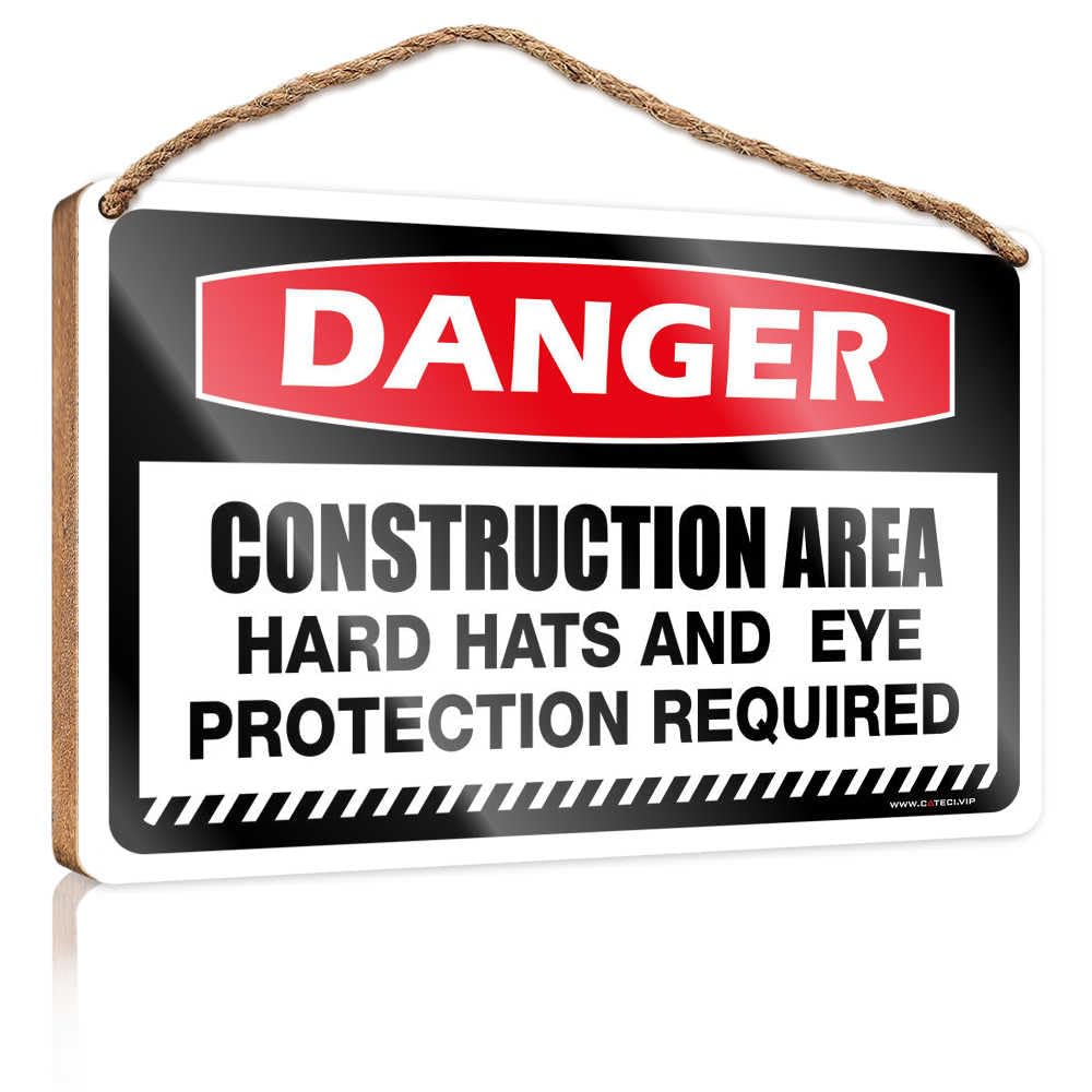 HMQW Hanging Decor Sign Danger Construction Area Hard Hats And Eye Protection Required Wooden Sign Bathroom Wood Sign Welcome Sign For Front Door(15X28CM)