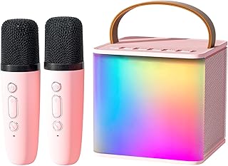 Wowstar Karaoke Machine 2 Wireless Microphones for Kids & Adult, Portable Bluetooth Karaoke Machine Speaker With Voice Changing Effects & LED Light for Home Karaoke Birthday Party (Pink)
