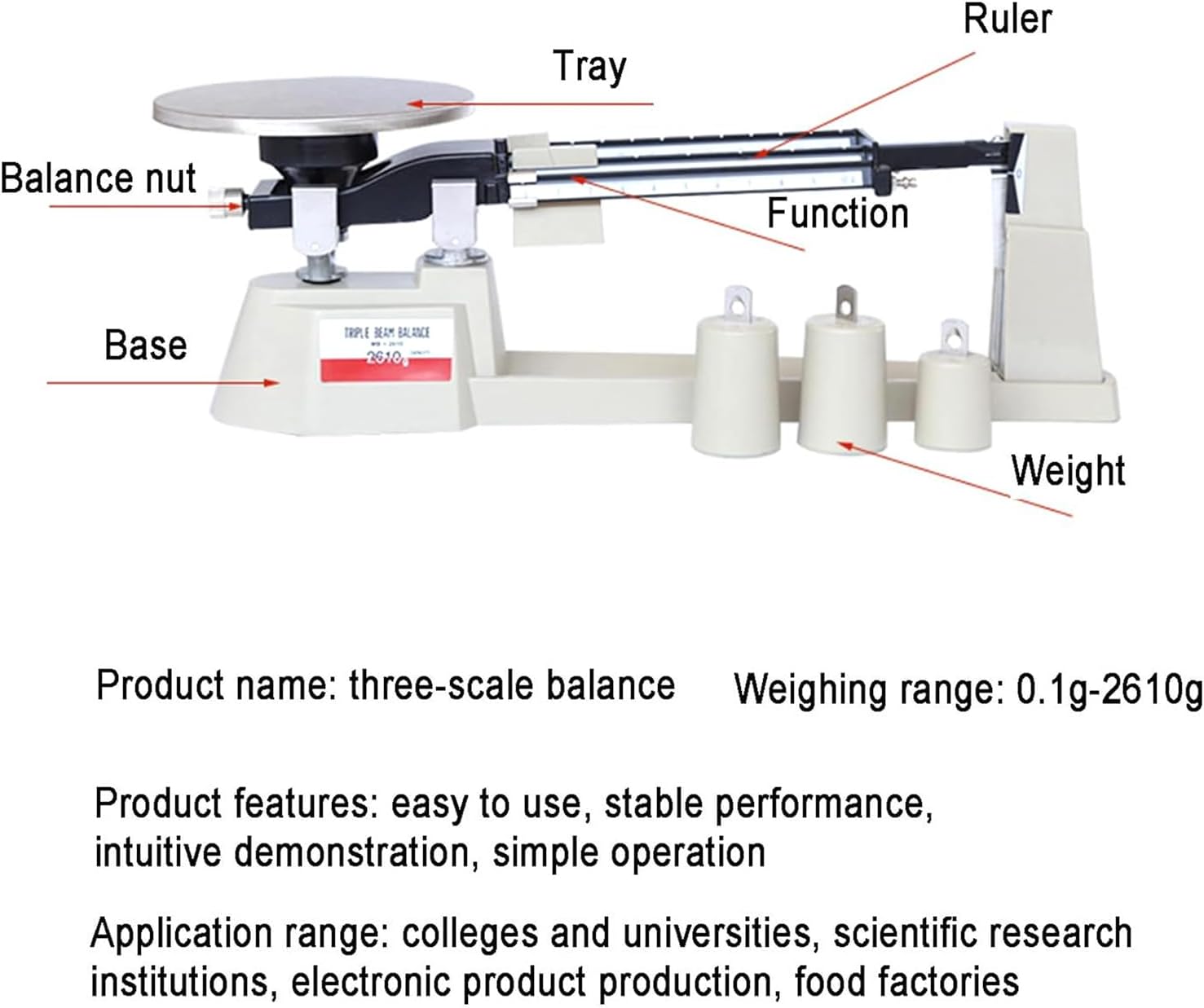 Triple Beam Mechanical Balance Scale, Precision Scale with 3 Weights, Weighing Range 0.1g-2610g and Accuracy 0.1g, Durable Clear, for School, Factories, Laboratory