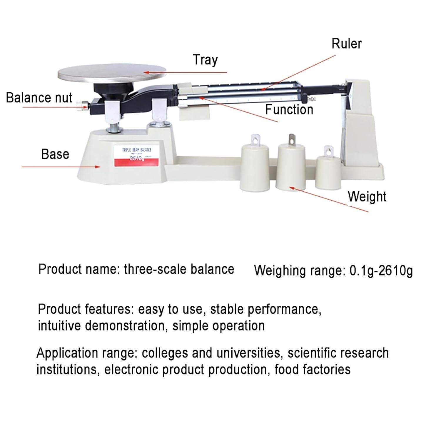 Precise Mechanical Balance Scale with Weights, Balance Scale Tray, Accuracy 0.1g and Weighing Range 0.1g-2610g, Clear and Sharp Scale, Not Easy to Rust and Deform, for Lab, Classroom, Kitchen