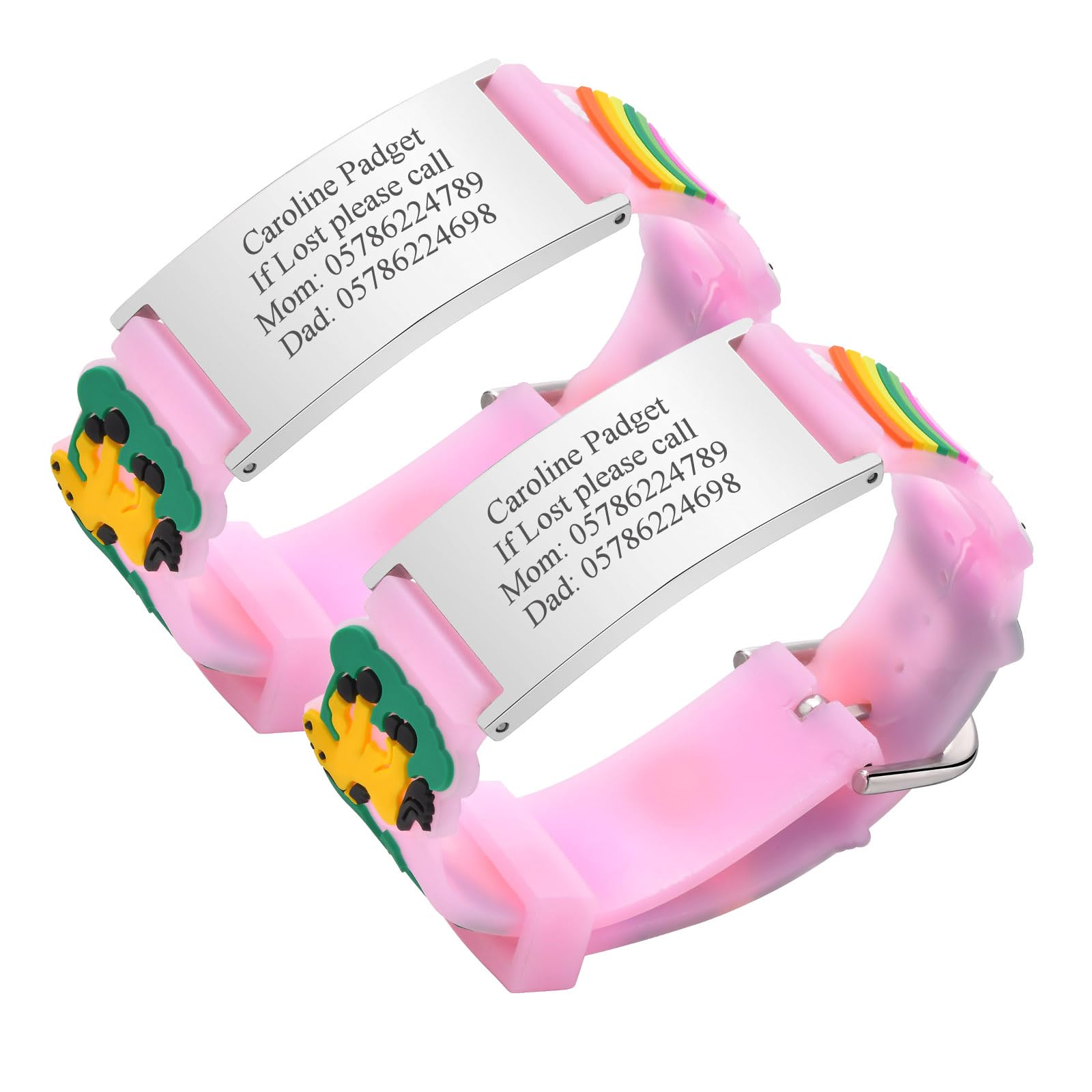 Personalised Safety ID Wristbands for Kids - Pack of 2 Customised Silver Tag & Pink Cartoon Silicone Strap Wristband For Kid Girls Boys Toddler,Free Engraving Child Anti-Lost Safety ID Bracelets — image 1