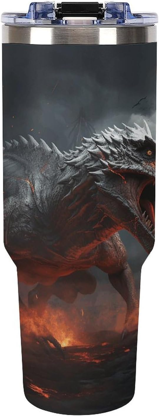 Large Car Cup with Handle&Lid Fashion Red Magma Flying Dragons Tumbler Sturdy Insulated Water Bottle Stainless Steel Vacuum Travel Mug Portable Coffee Cup for Home Outdoor 40 Oz Black-style