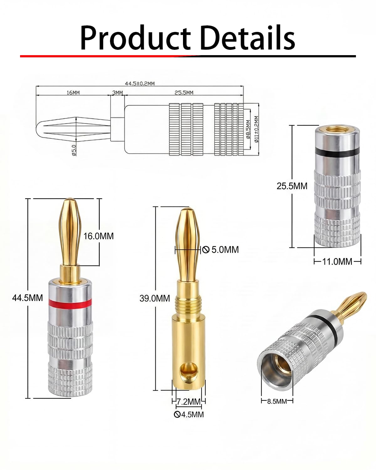 Banana Plugs 6 pares/12 piezas, conector de altavoz chapado en oro de 24 quilates de 4 mm para cine en casa, placa de pared, receptor de audio/video, amplificadores y sistemas de sonido