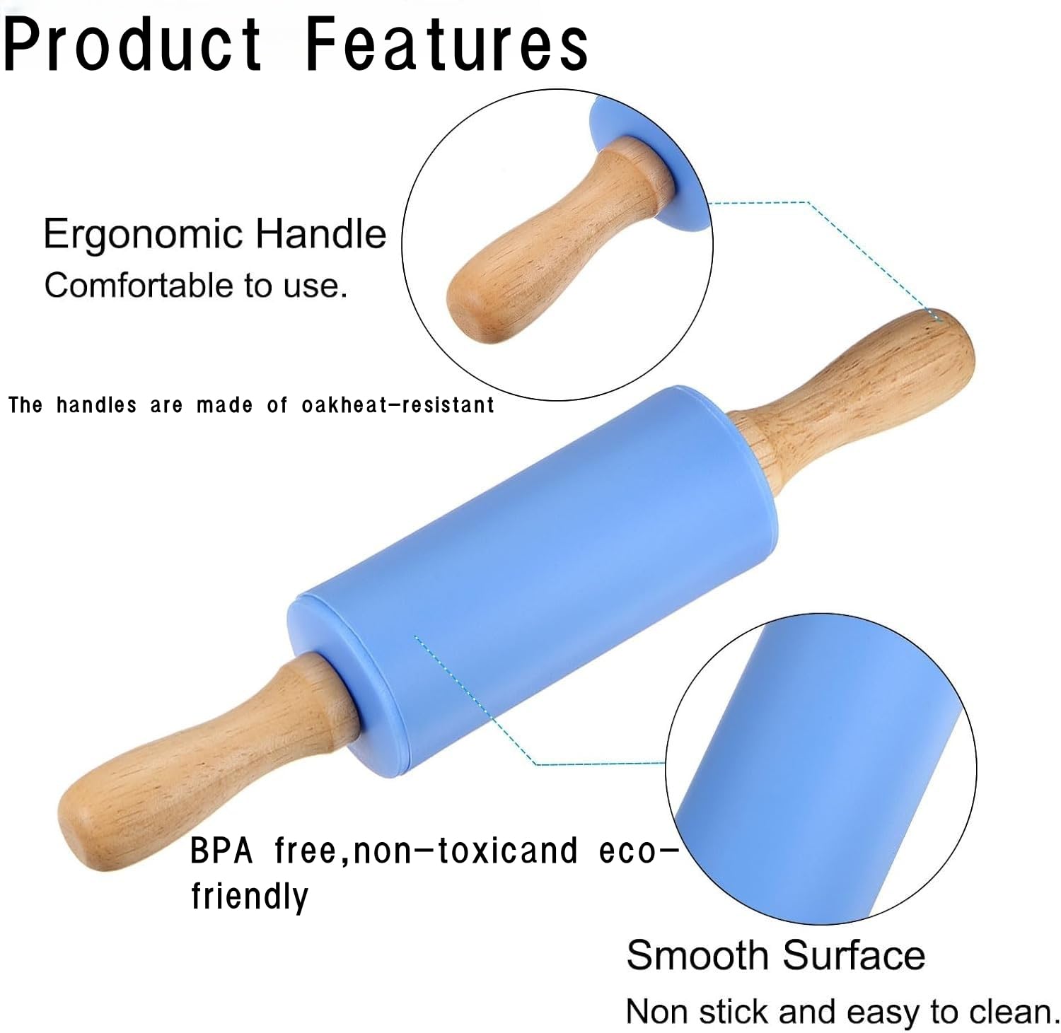 2 Pack Classic Small Rolling Pin for Kids,Wooden Handle Non Stick Silicone Rolling Pin for Dough Pizza, Pastry Kitchen - Image 3