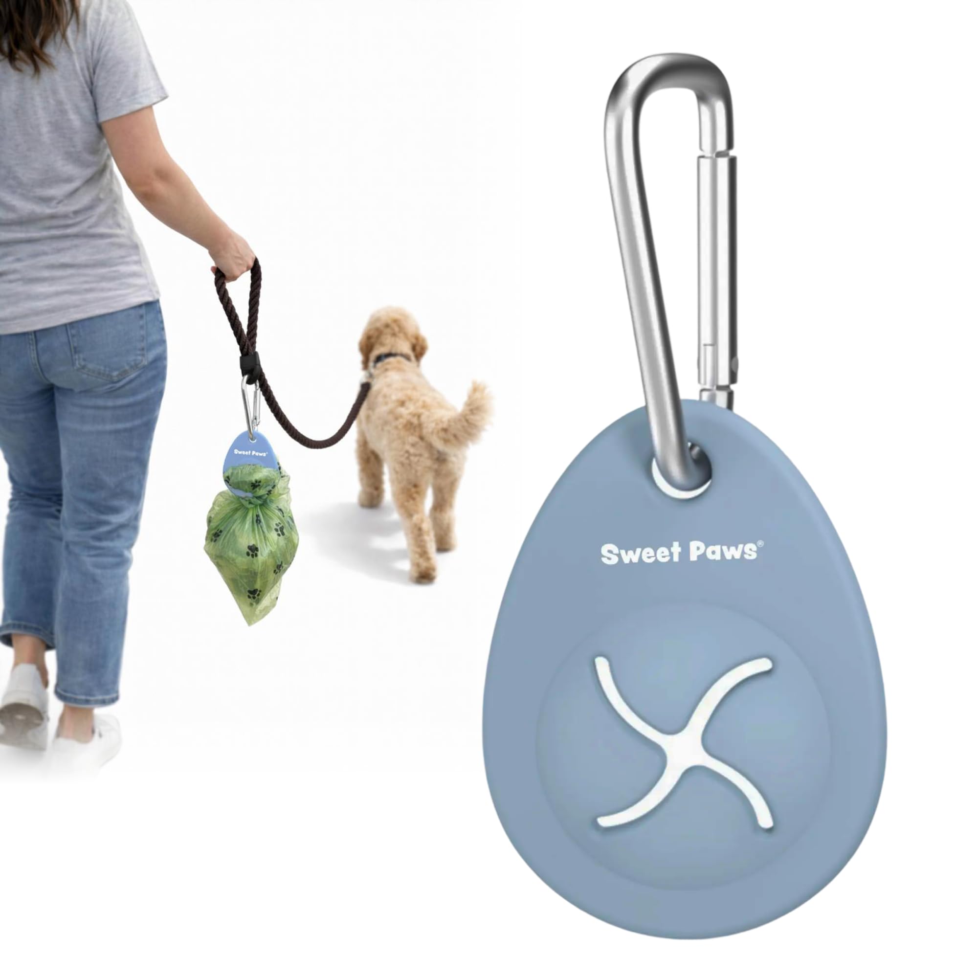 Sweet Paws Dog Poop Bag Holder Charm for Hands-Free Carry of Used Dog Poop Bag on Leash, Lightweight Durable Silicone, Preserves your Diginity and