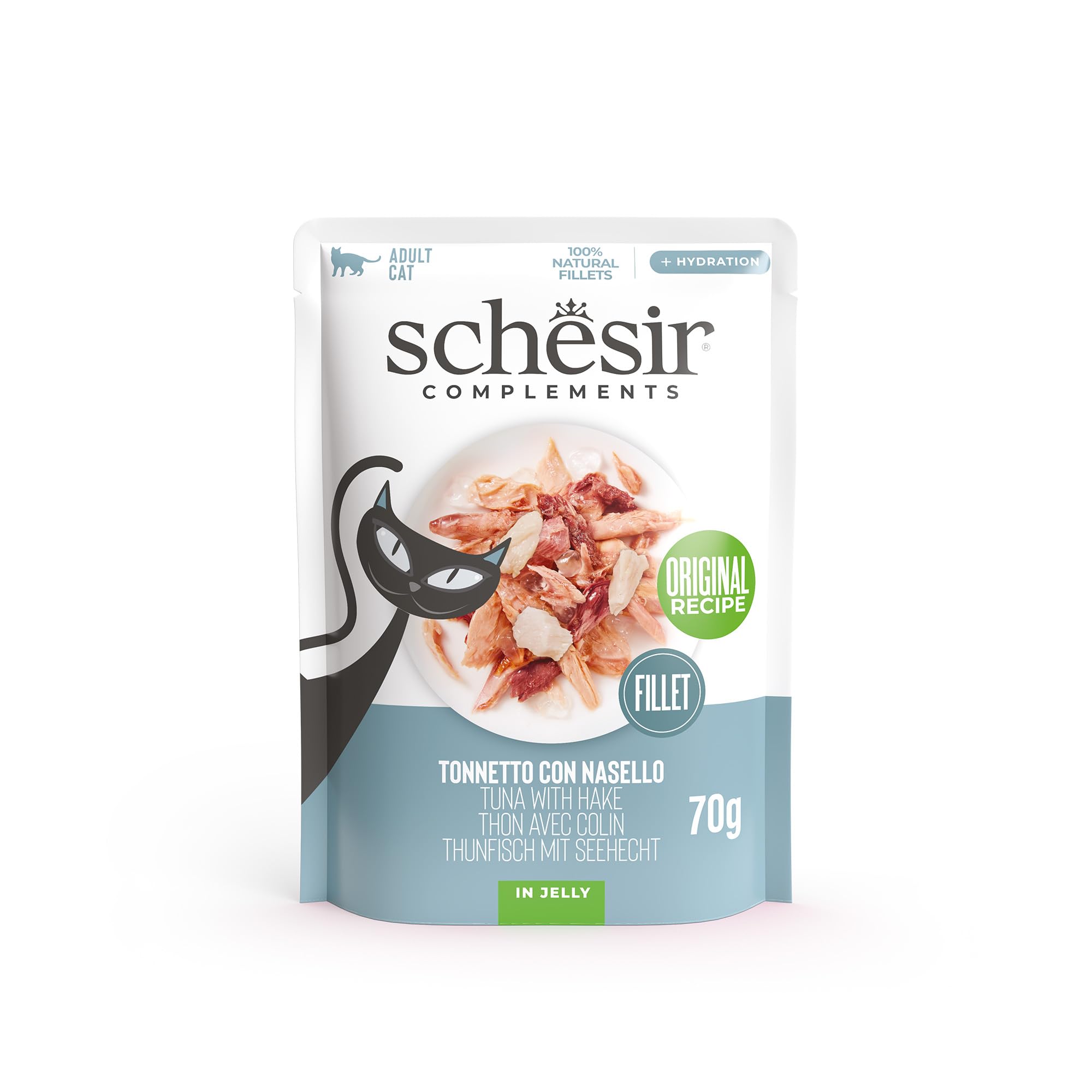 Schesir, Filetes de Atún con Merluza en Gelatina, Comida Húmeda Complementaria para Gatos, en Bolsas, Receta Original, 100% Natural, 12 x 70g