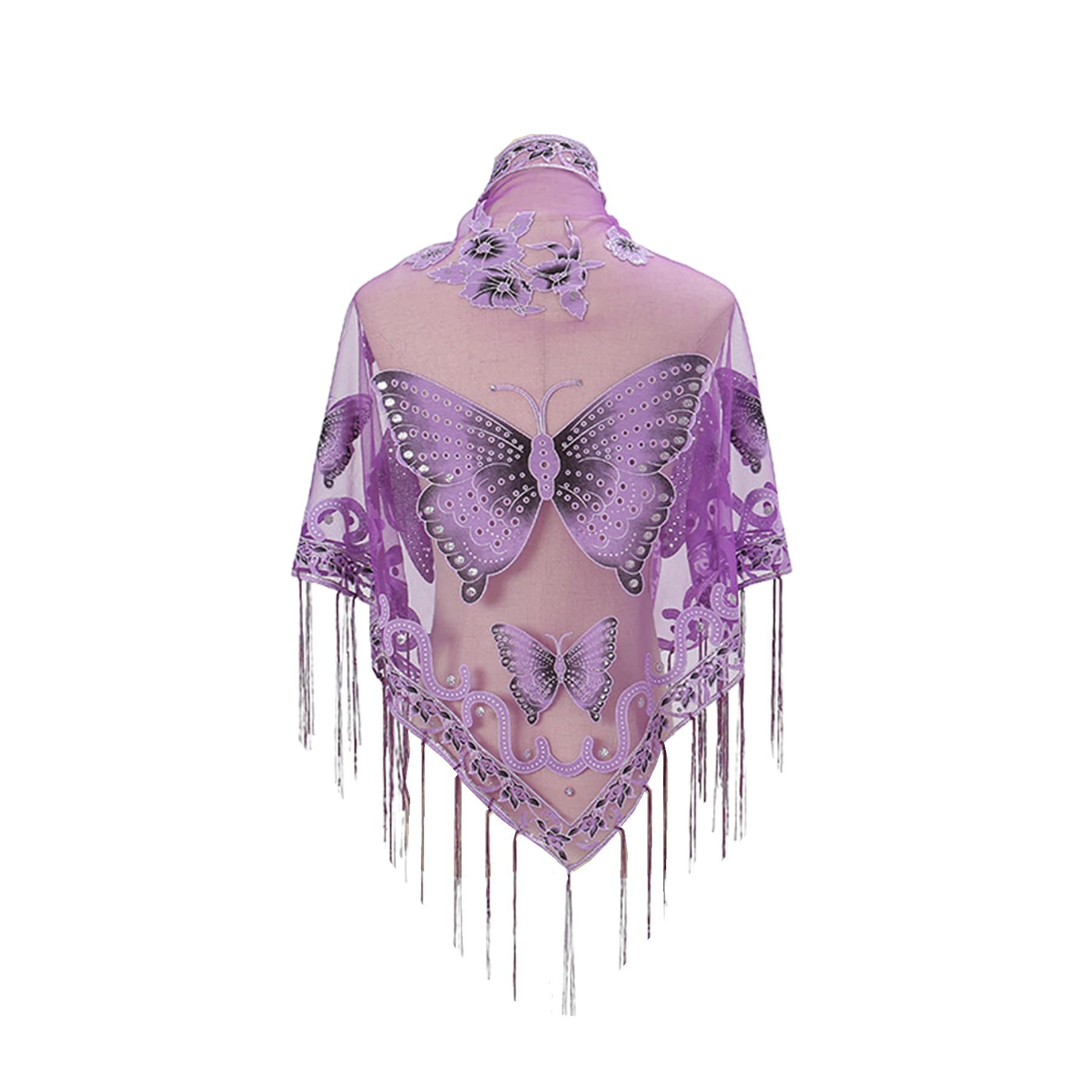 Women’s Elegant Butterfly Print Shawls and Wraps for Evening Dresses Triangle Shawl Wraps Fringed Evening Cape