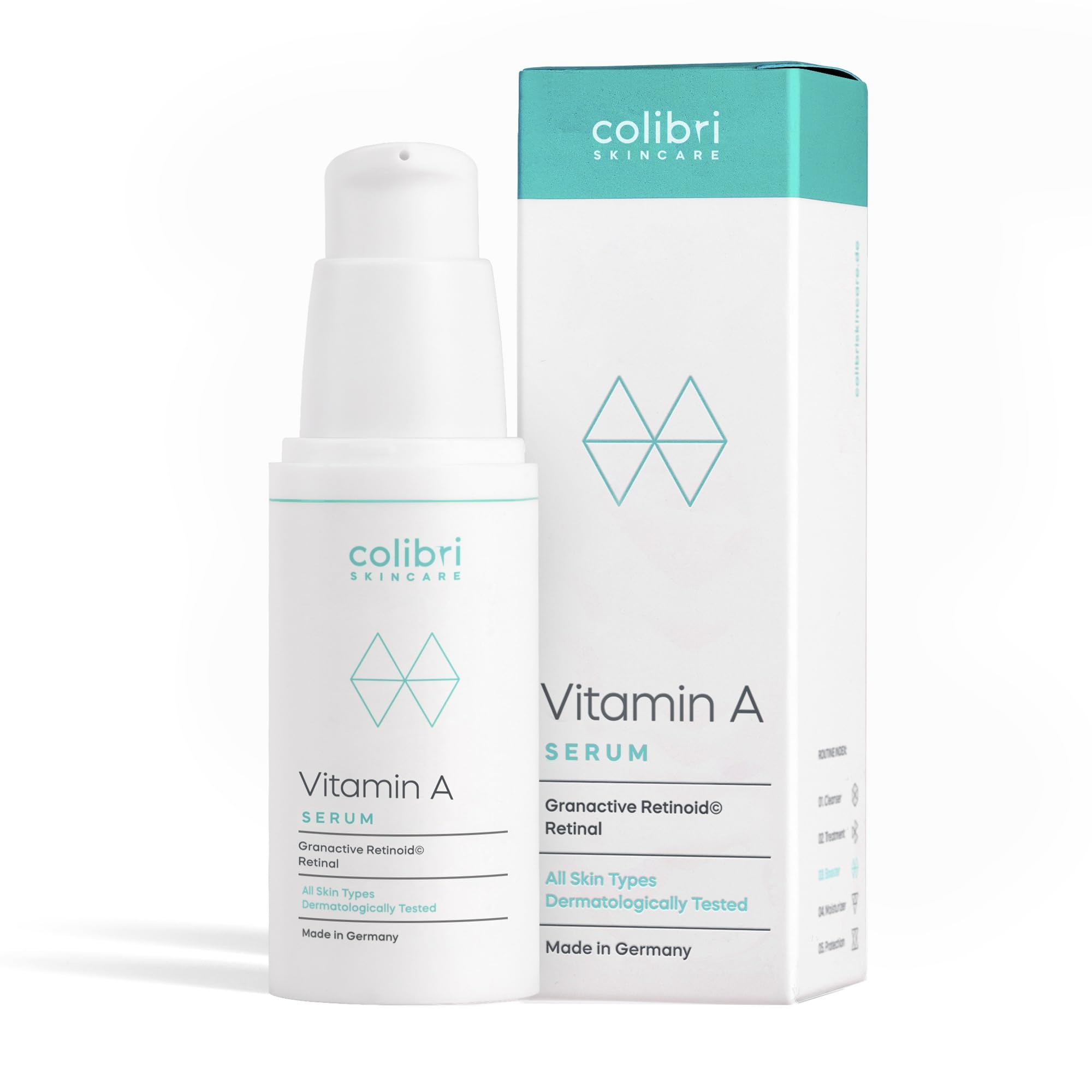 colibri skincare Vitamin A Serum 30ml - Retinol Serum hochdosiert - 4-fach Wirkstoffkomplex mit Retinol, Retinal, Bakuchiol und Ceramiden - schnell einziehende Anti Aging Creme für Gesicht