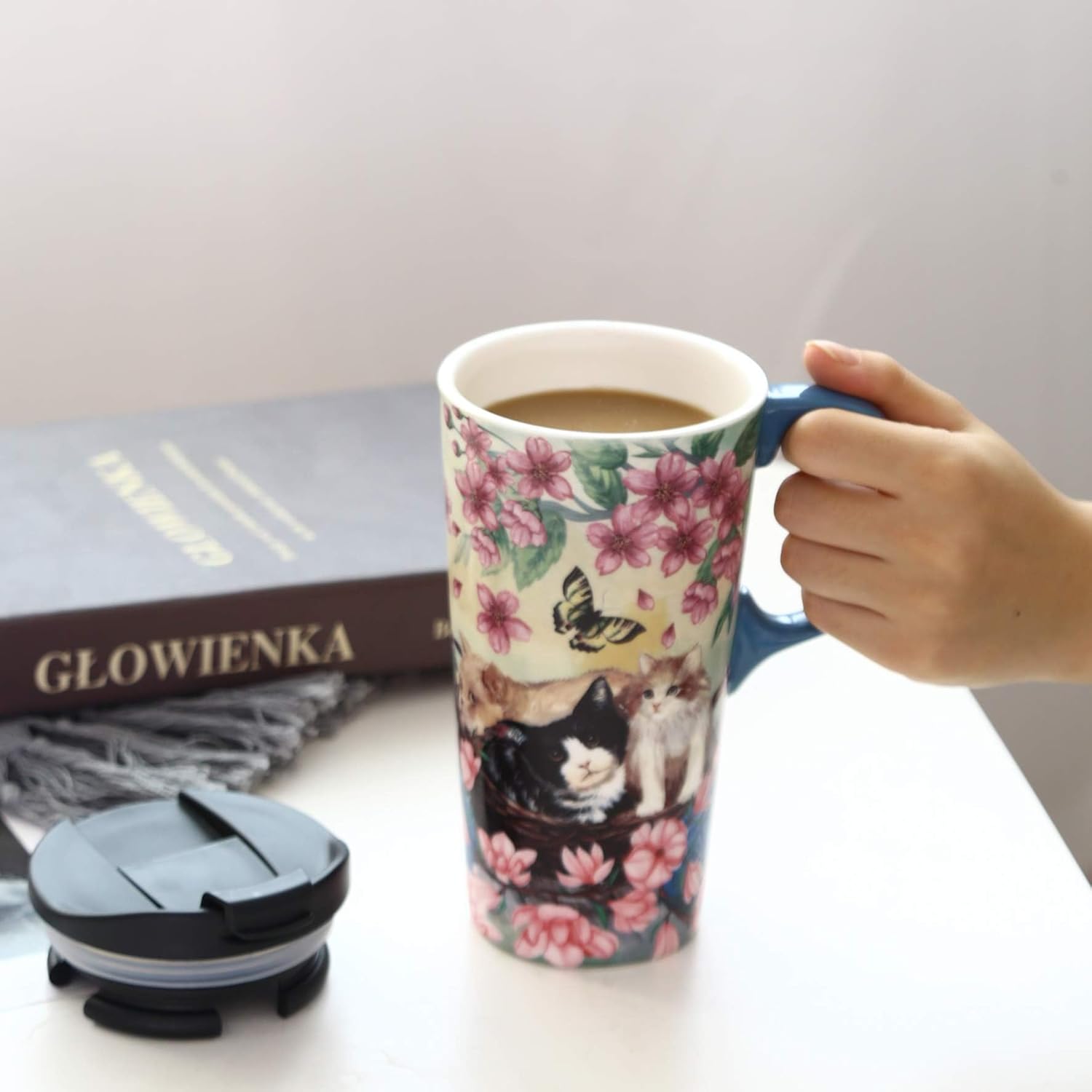 TZSSP Coffee Ceramic Mug Travel Mug Porcelain Latte Tea Cup With Lid 17oz,Novelty Coffee Mugs for Office & Home Flower and Cat - Image 2