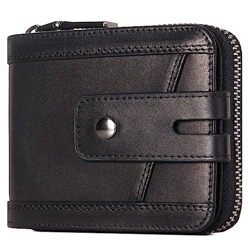 Zipper Wallet for Men, Genuine Leather Zipper Around Purse RFID Blocking Bifold ID Window,Zipper Wallet With Coin Pocket (Black)