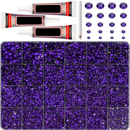 32000Pcs Purple Rhinestones for Bedazzling Assorted Sizes 2-6mm Flatback Gems Bedazzle Kit with B7000 Glue Flat Back Resin Diamond Crystal Gemstone Rhine Stone Jewel for Crafting Clothes