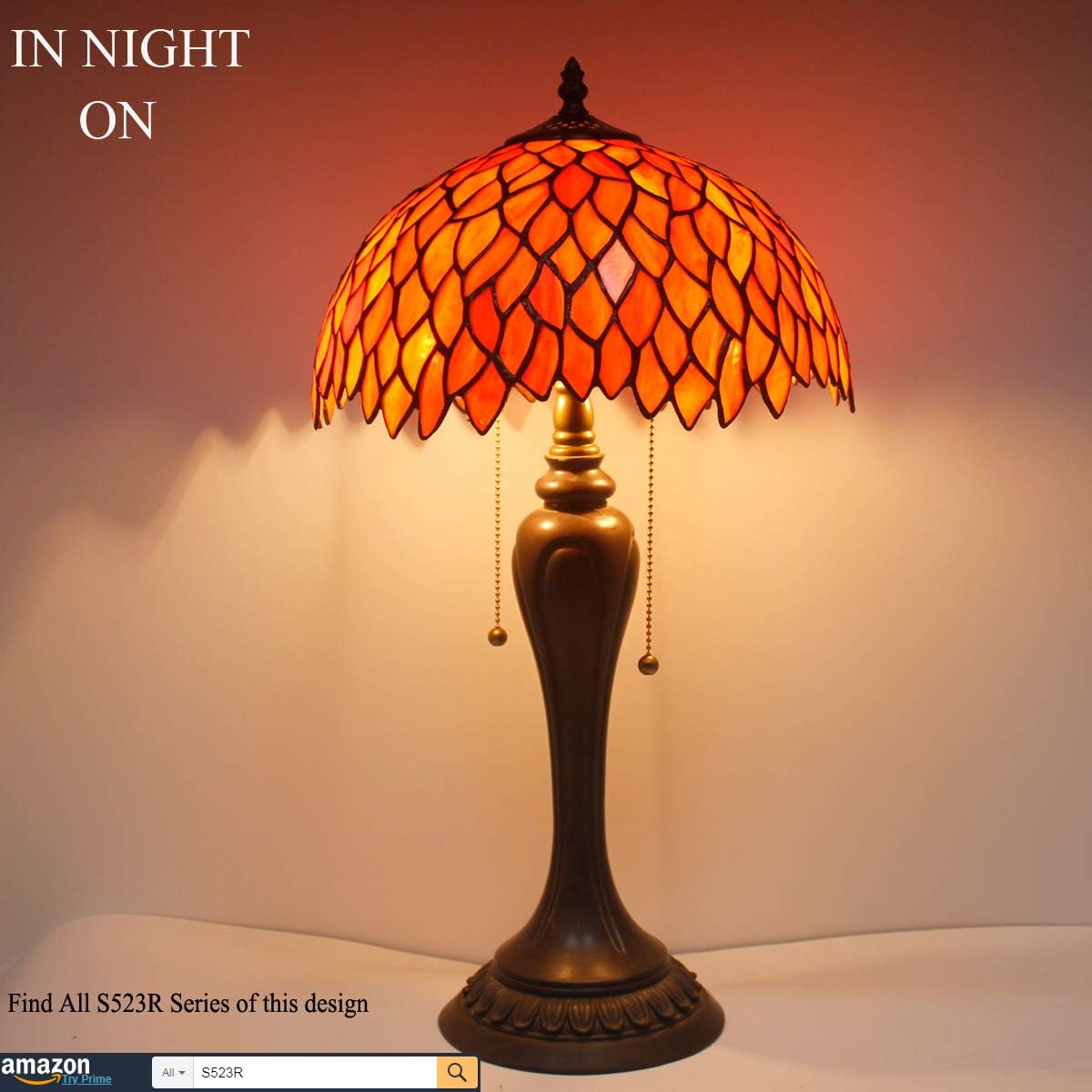 Buy 1 get 1 Tiffany Lamp Table Bedside Stained Glass Shade Resin Base 22 Tall Red Wisteria Tree Antique Style Reading Desk Light Victorian Lover Memory Sympathy Living Room Bedroom WERFACTORY Led Bulb Included