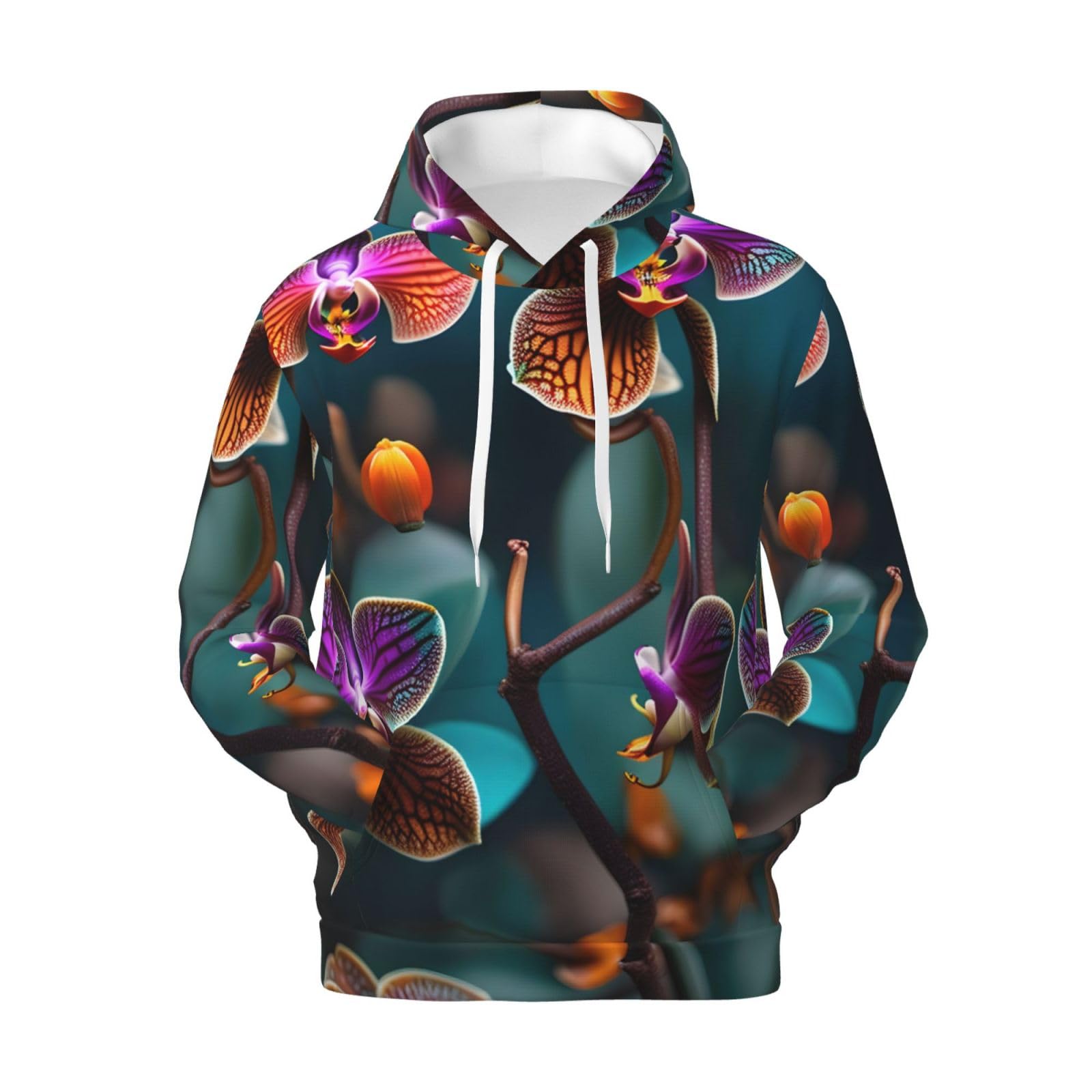 Męska bluza z kapturem z nadrukiem morskiej i pomarańczowej orchidei, casualowa grafika z nadrukiem bluzy z kapturem z kieszenią